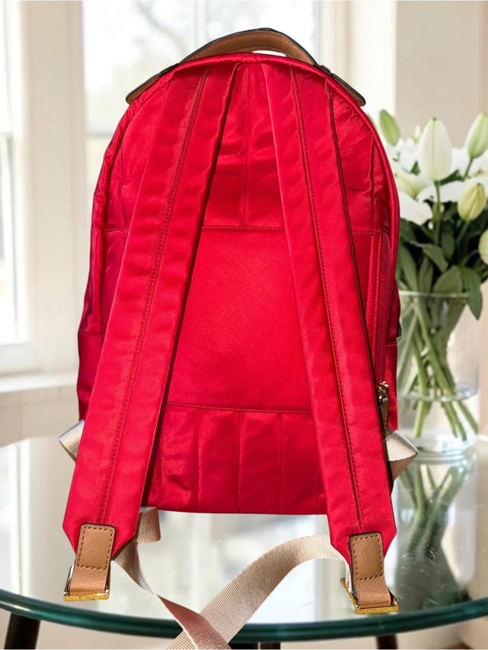 Michael Kors Kelsey Large Nylon Backpack – Bright Red & Gold EUC